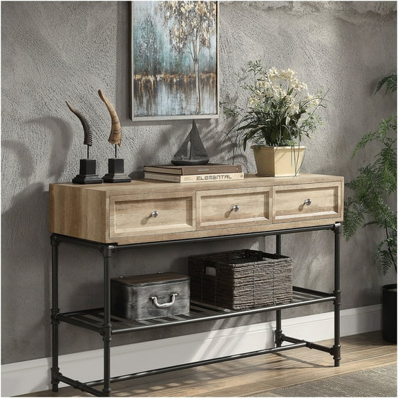 JERFIT Sofa Table with Drawer and Shelf, Industrial Console Table for Living Room, Oak Finish, Water Pipe Metal Legs, Entryway Hallway Accent Table