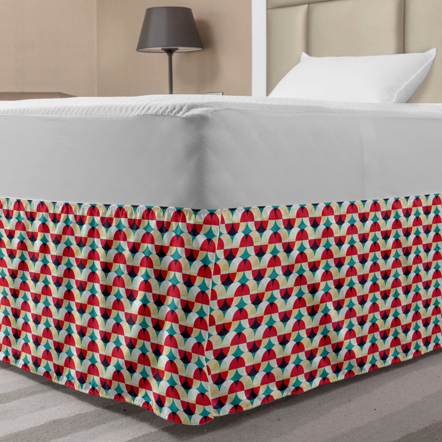 Vintage Bed Skirt, Retro Geometrical Modern Design with Circles and