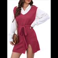 thumbnail image 3 of de Vestido Tipo Chaleco para Mujer, Suéter de Punto, Suéter con Cuello en V y Cintura Anudada Rojo M, 3 of 10
