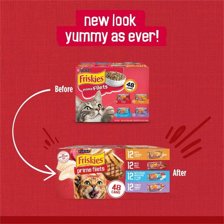 Purina Friskies Wet Cat Food Variety Pack Prime Filets with Beef With Chicken With Ocean Whitefish and Tuna and Turkey Dinner 5.5 oz Cans