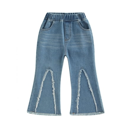 

Frobukio Kids Toddler Girls Frayed Hem Jeans Casual Patchwork Flared Pants Denim Trousers with Pockets Blue 4-5 Years
