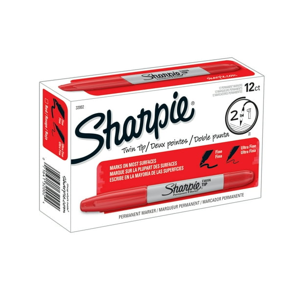 Sharpie® Twin-Tip Permanent Markers, Fine/Ultra Fine Points, Red, Pack Of 12