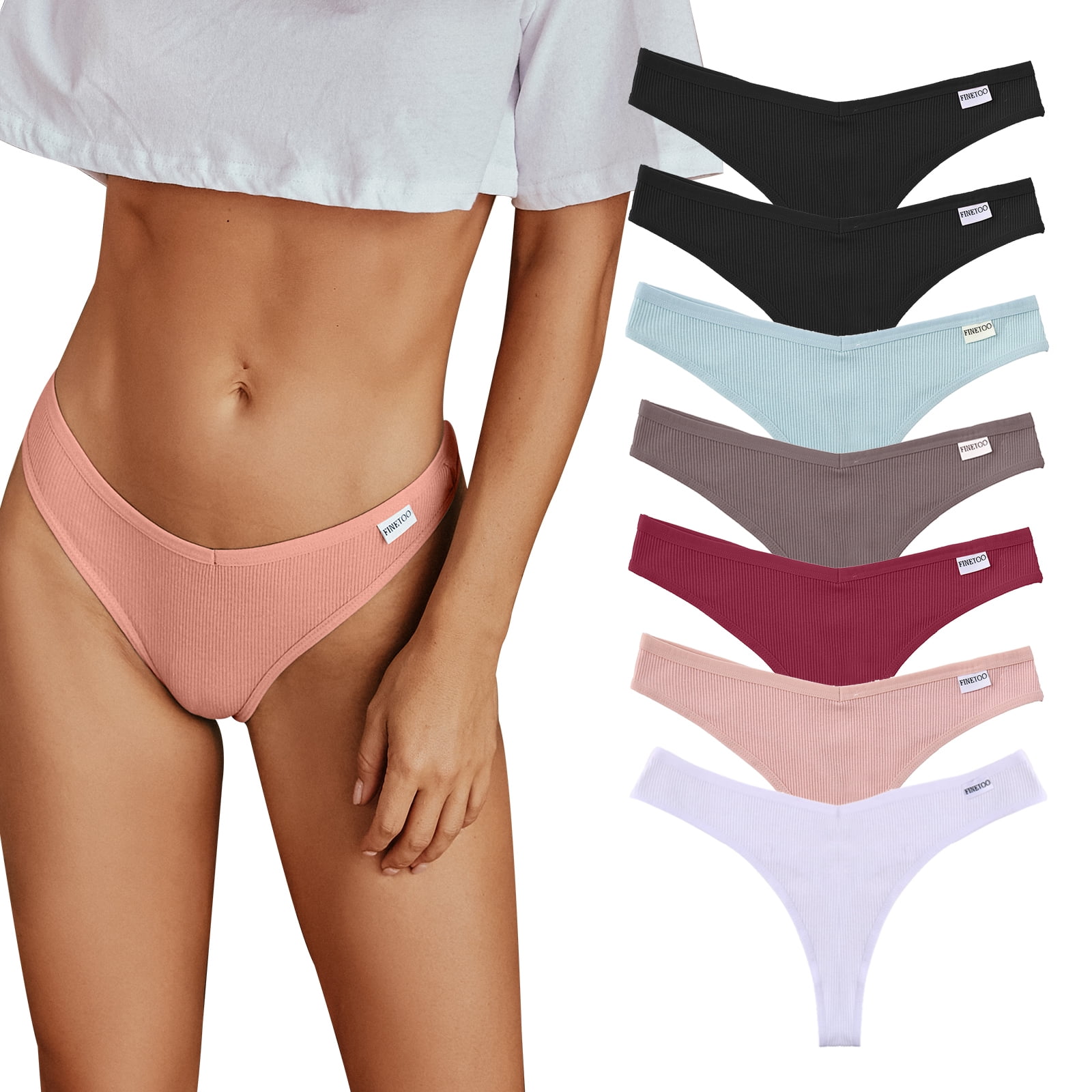 Finetoo Thongs for Women Soft Cotton Underwear Breathable Stretch Low Rise  Hipster Panties L 7 Pack 
