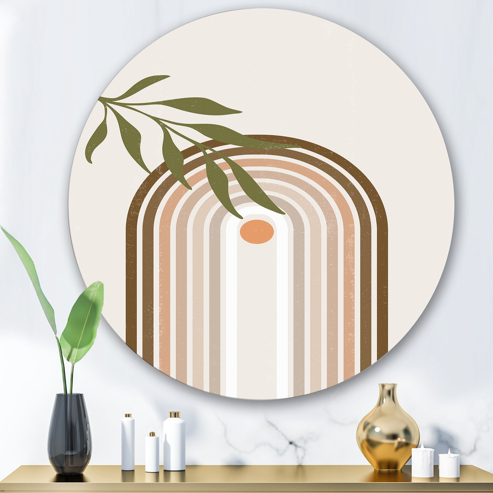Designart 'Abstract Moon and Sun With Green Leaf I' Modern Circle Metal Wall Art 36x36 - Disc of 36