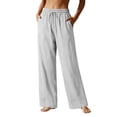 thumbnail image 3 of SAHFX Women's Linen Long Pants Drawstring Pants Work Pants Cotton Gauze Pants for Women with Pockets Breathable Linen Pant Straight Leg Pants Baggy Trousers Solid Color Slacks Lounge Trousers, 3 of 9