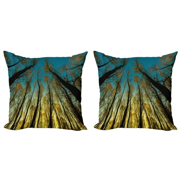 Ambesonne Forest Throw Pillow Cover 2 Pack, Trees Sunrise Pastoral, 18", Yellow Blue Black