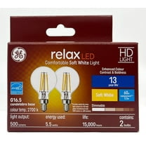 (2 bulbs) GE relax LED G16.5 Light Bulb, 5.5 watts, 500 lumens, Soft White 2700K, Dimmable, Candelabra base, HD Light for Enhanced Color Boldness & Contrast relaxLED  (60 watt equivalent)