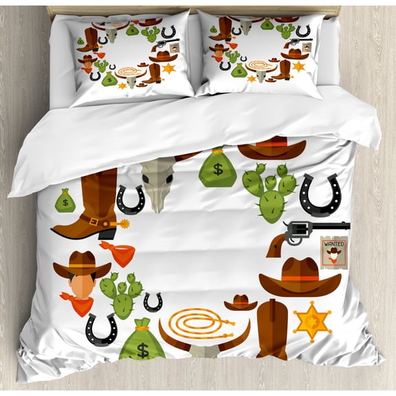 Rodeo Duvet Cover Set Queen Size, Vintage Wild West Theme with Cowboy Horseshoe Print, Decorative 3 Piece Bedding Set with 2 Pillow Shams, Cinnamon Lime Green Charcoal Grey, by Ambesonne