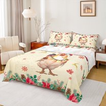Homewish Kawaii Christmas Rooster Full Size Sheets for Kids, Cartoon Santa Claus Hat Bed Sheets, Western Xmas Flower Sheet Sets, Ultra Soft Bedroom Decor, 4 Pieces