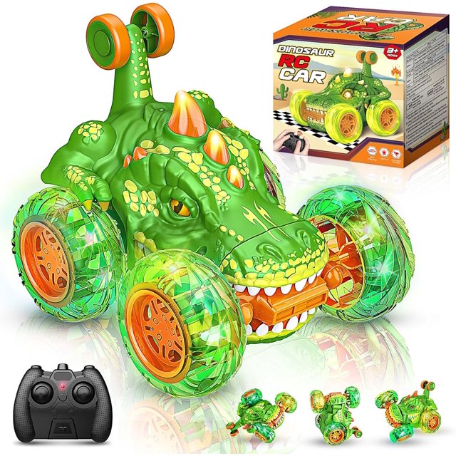 juguetes para niños de 3 a 10 años, coches de control remoto, coches rc, coches de dinosaurio con rotación de 360°, coches rc dino con luz en las ruedas, camión rc acrobático rápido de 2,4 ghz, juguet Vista frontal centrada del coche RC dinosaurio multicolor; carrocería verde con acentos amarillos y naranjas, cuatro ruedas translúcidas con luces LED internas, llantas naranjas y neumáticos de goma antichoque, boca con dientes y cuernos en el capó. Fondo blanco con control remoto negro y caja del producto visibles; imágenes pequeñas muestran giros de 360° y acrobacias verticales. Adecuado para juego interior y exterior y también apto para carreras multijugador con control de 2.4 GHz.
