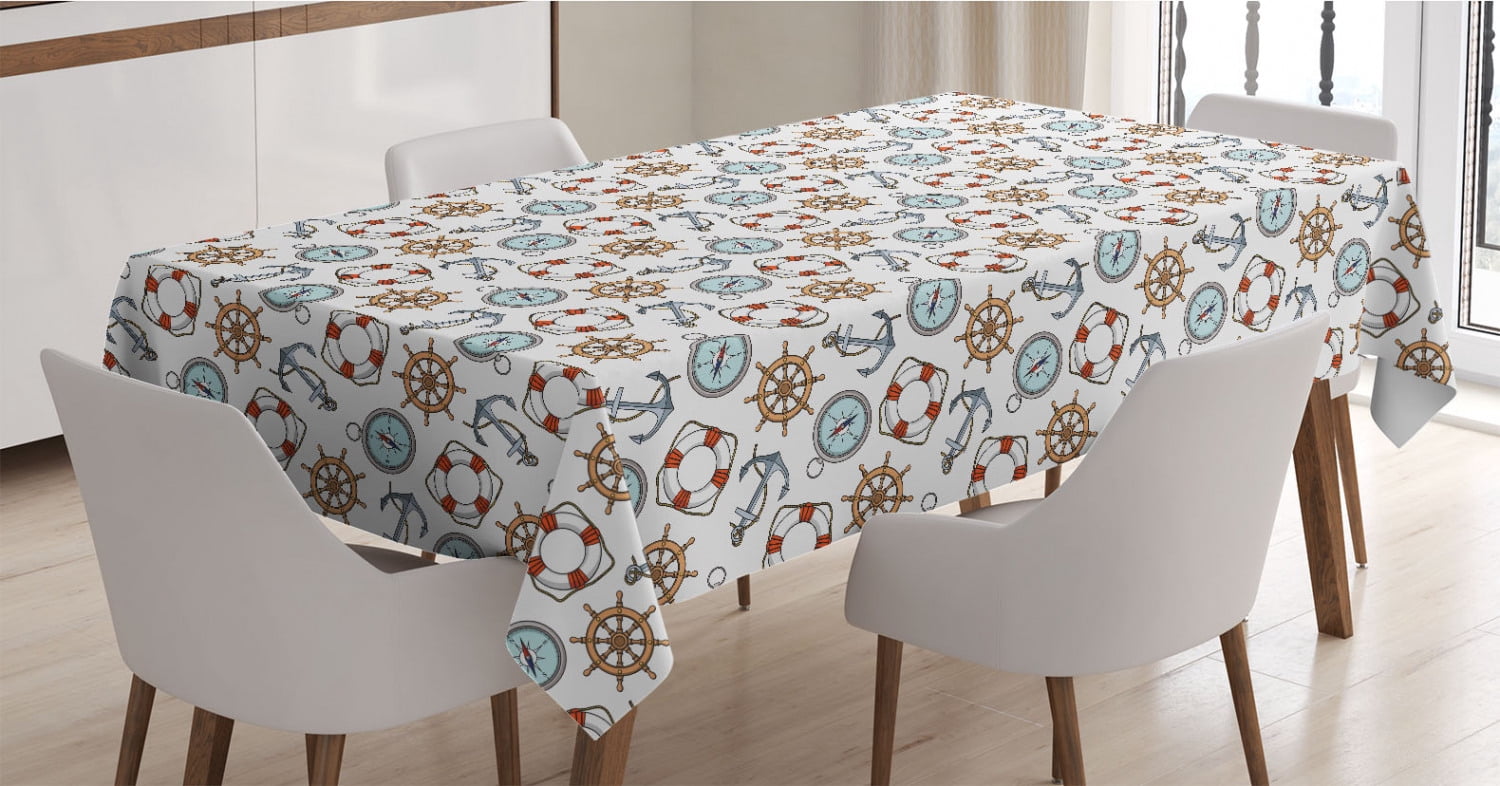 Compass Tablecloth, Ship Steering Wheel and Anchor Marine Pattern ...