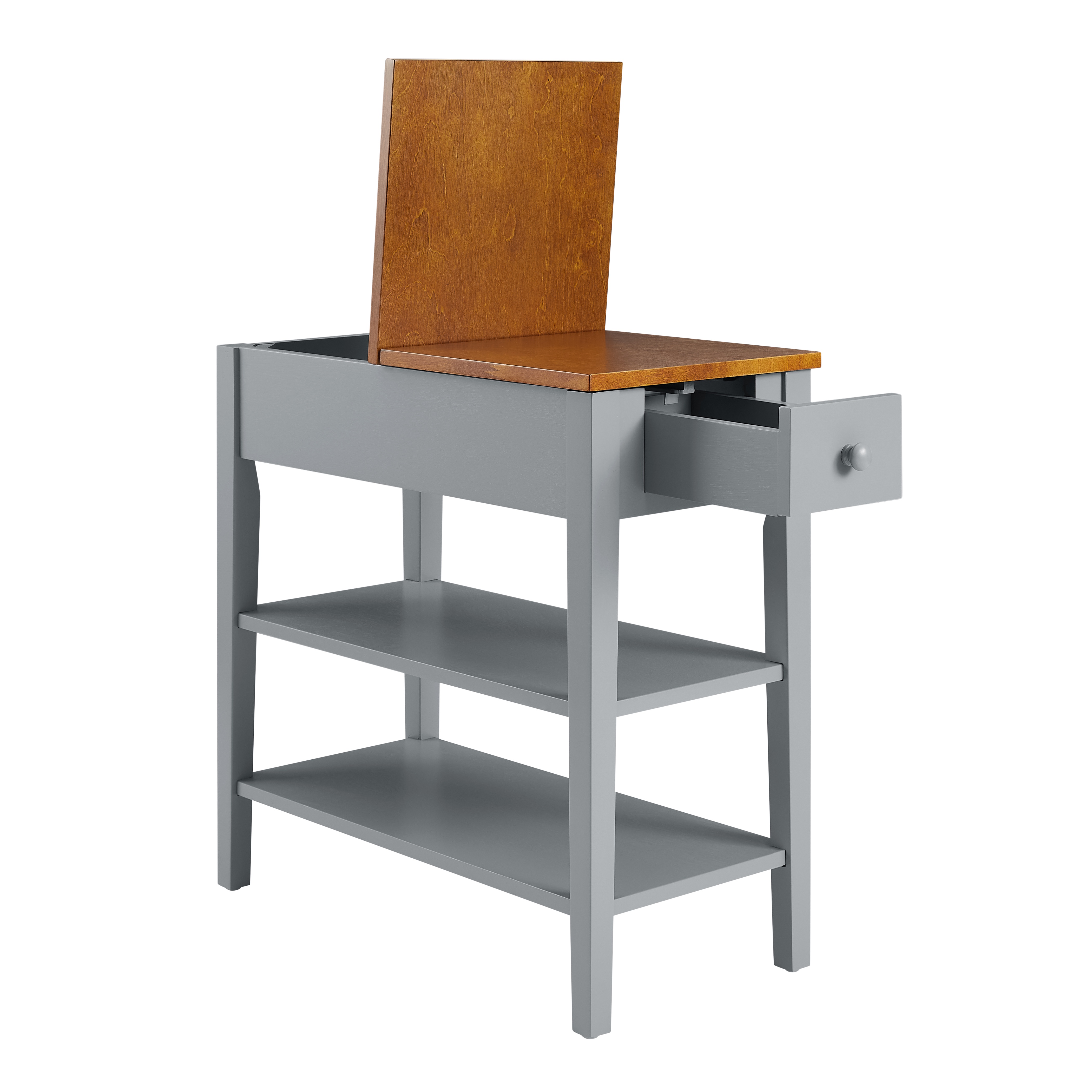 PORKISS End Table, Wooden Night Stand with USB Charging Ports and Open Shelves, Narrow Beside Table with Drawer, Flip Top and Solid Wood Legs, Modern Side Table for Living Room Bedroom, Gray/Walnut