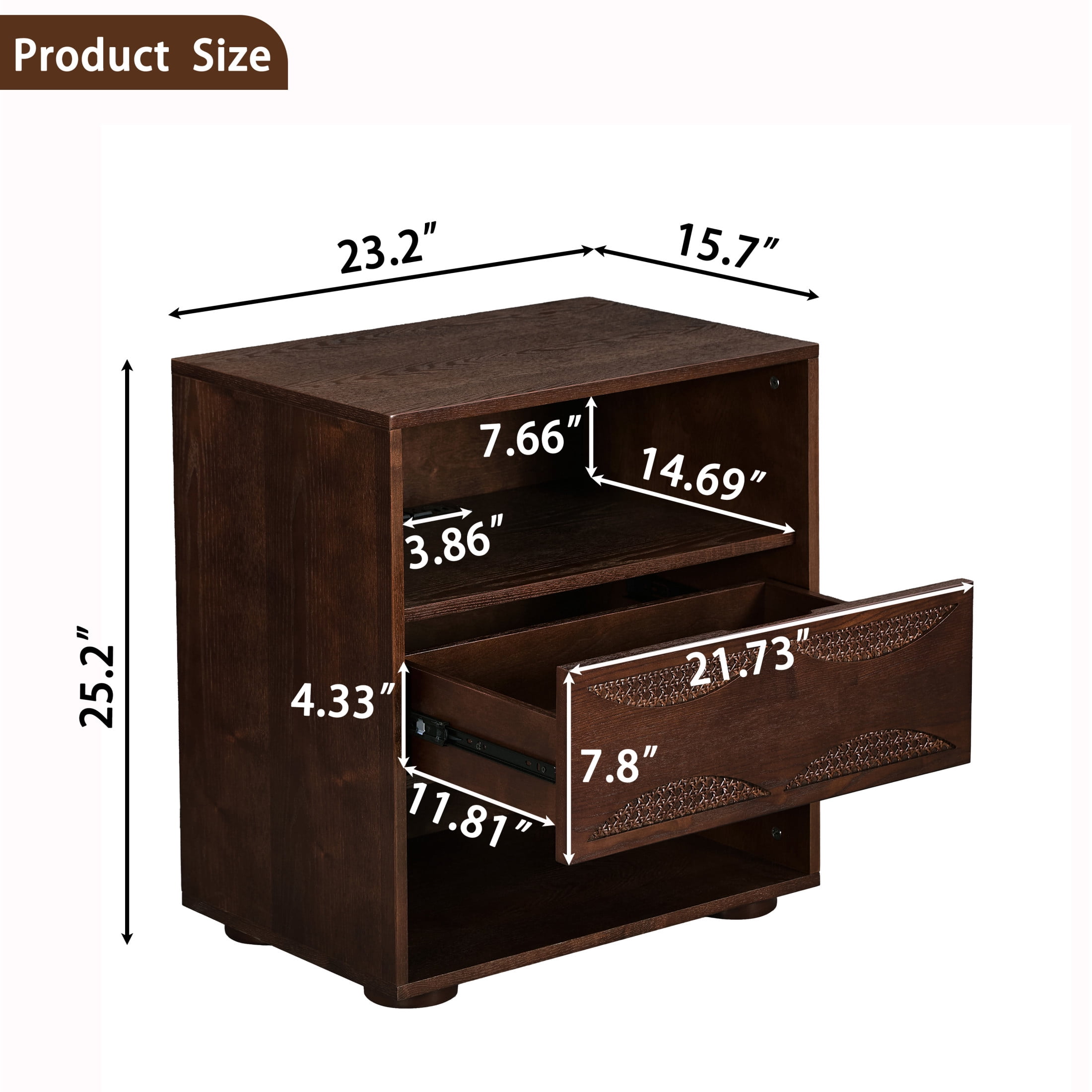 GDF Studio 23.2" Mid Century Modern Rattan Nightstand with Charging Station, Drawer & 2 Open Shelves, Walnut