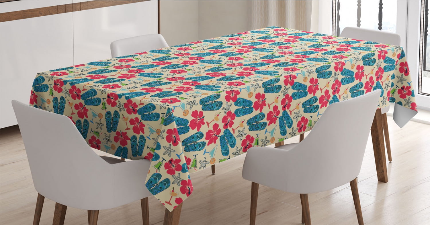Flip Flop Tablecloth, Exotic Summers Hibiscus Flower Starfishes Martini