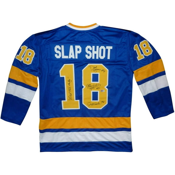Hanson Brothers Autographed Slap Shot Movie Chiefs (Blue #18) Custom Hockey Jersey w/ Old Time Hockey - Beckett