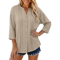 thumbnail image 2 of 3/4 Length Sleeve Womens Tops Cotton Linen V Neck Button Up Pleated Relaxed Fit Dressy Casual Office Work T Shirts, 2 of 5