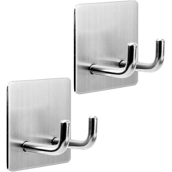 Adhesive Hooks Razor Holder Heavy Duty Wall Hooks Stainless Steel Waterproof Hanger For Kitchen Bedroom Bathroom,Stick on Hook Antiskid Hangers Double Hanging Towel Robe Coat Key Brushed Nickel 2Pack