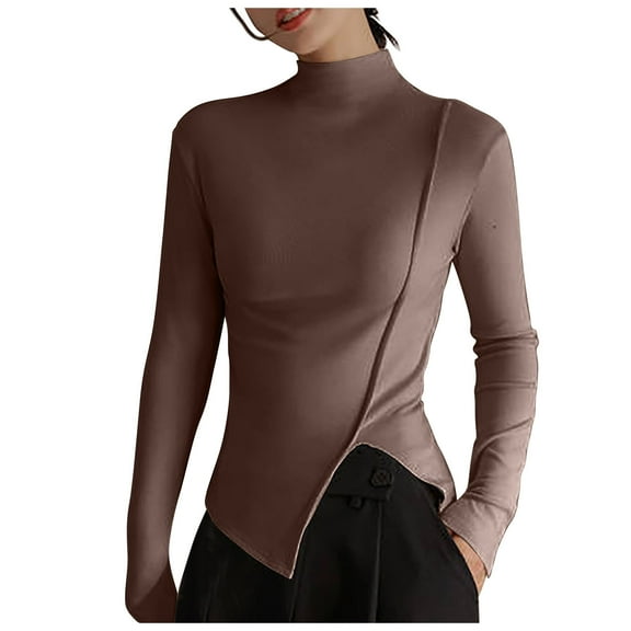 YYDGH Women's Basic Mock Neck Top Long Sleeve Slim Fit Casual T-Shirts Side Split Tunic Tops Khaki M