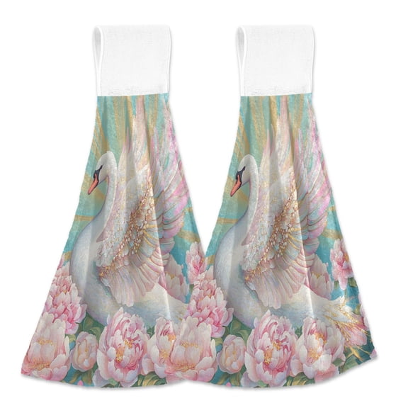 BZSMCE Hanging Hand Towels Fashion Celestial Swan Blossom Pattern 2-Pack - Velcro Style Bathroom Kitchen Towels