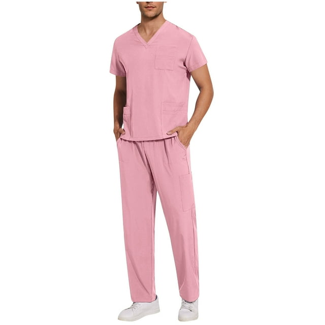 Men's Shirt and Short Sets, Solid Color V-Neck Pocket Caregiver Short Sleeved Shirt Elastic Pants Uniform