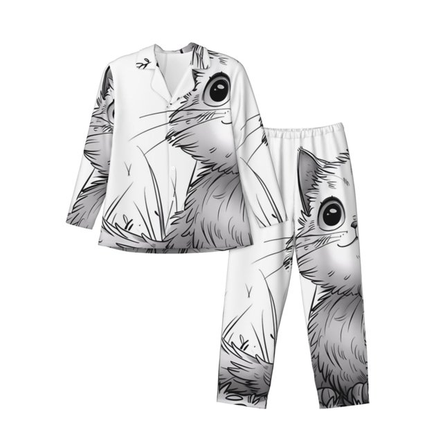 Balery Cute Cat Meadow Sketch Pijama para Hombre de Dos Piezas con Manga Larga, Conjunto de Dormir y Descanso Suave con Bolsillos-X-Large