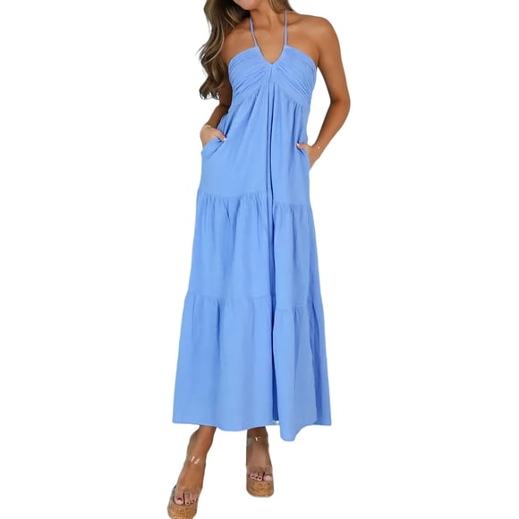 Vestido AmySister de verano halter escalonado midi con bolsillos XS