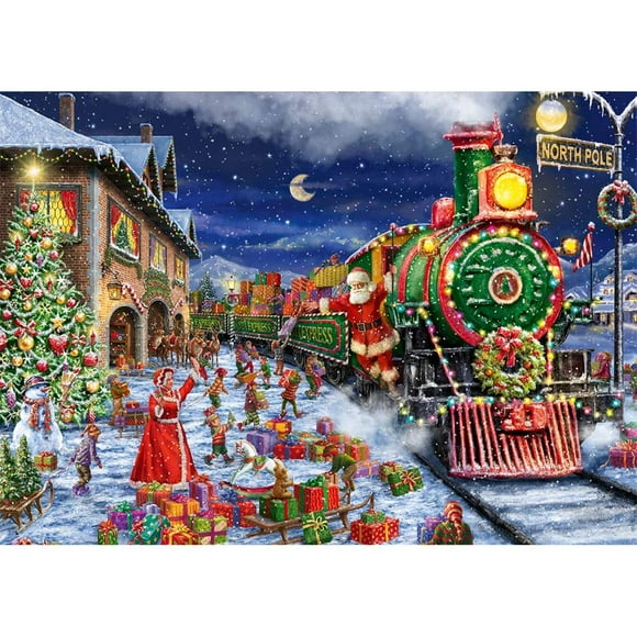 Wowdecor 5D Kits de Peinture de Diamant, Train de Bonhomme de Neige de Santa Claus de Noël, Plein d'Art de Diamant de Perceuse au Point de Croix par des Nombres (Train)