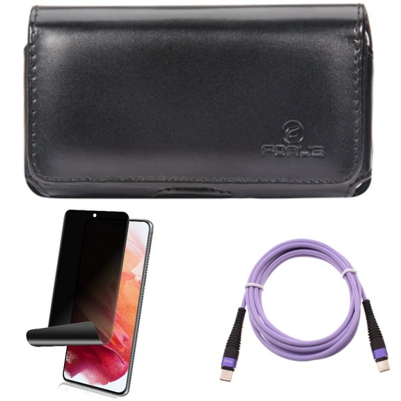 Case Belt Clip & Privacy Screen Protector & Purple 6ft PD Cable for Samsung Galaxy S22 (6.1") - Leather Swivel & TPU Film Fingerprint Works & Type-C to USB-C Long Charger Cord Accessory Bundle