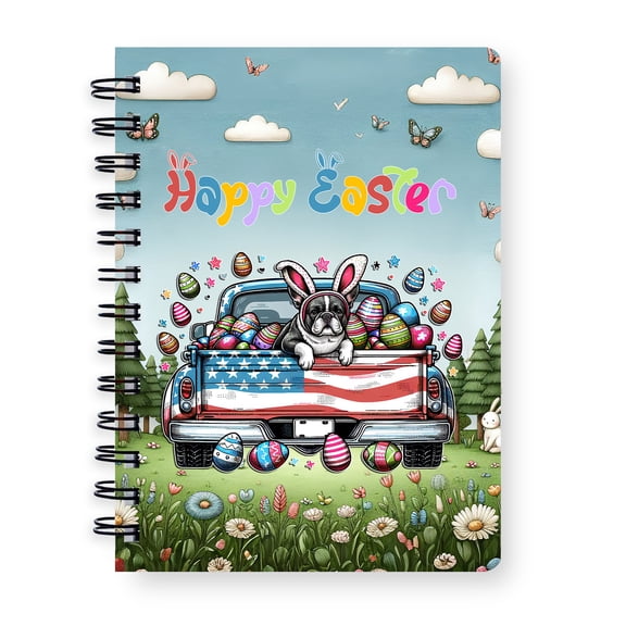 Happy Easter French Bulldog American Flag Truck Bunny Ears Spiral Bound Journal Dog Lover Gifts 5x7in Spiral Notebook - 03001