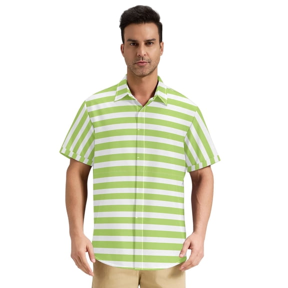 Dailycode Men's Casual Button Down Shirts Short Sleeve Summer Hawaiian Beach Shirt, Apple Green and White Stripes