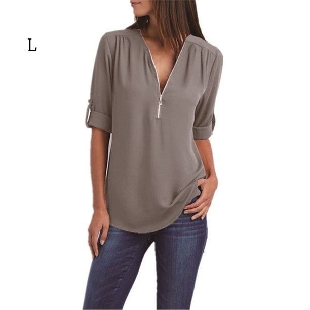 Qarigey - Camisa de manga corta con cuello en V para mujer con cremallera decorativa Prendas para la parte del cuerpo gris L