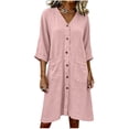 thumbnail image 4 of Ohufall Dress Women Cotton Linen Button V Neck 3/4 Sleeve Midi Dress Pocket Pleated Solid Color Fashion Dresses, 4 of 4