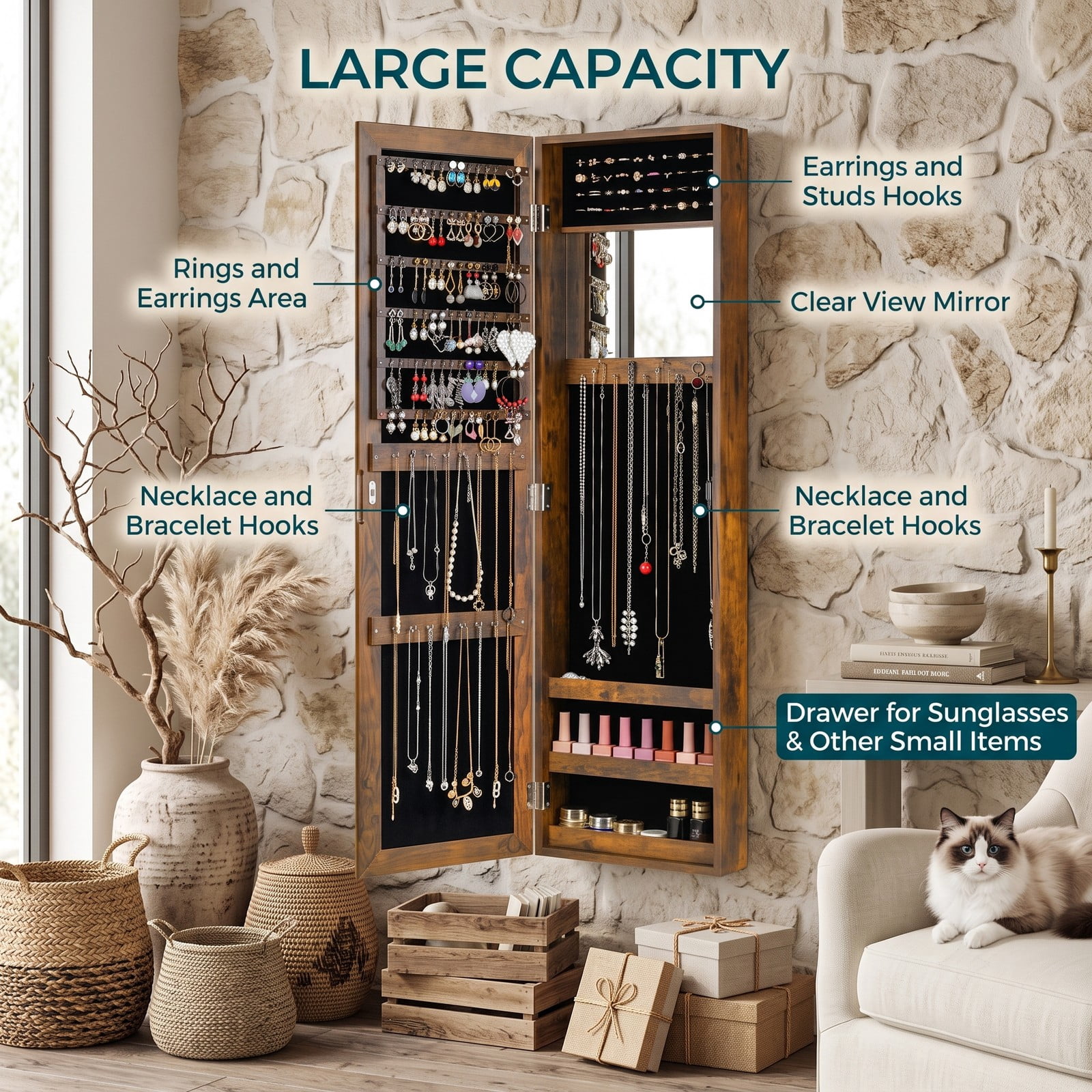 Furnibear Wall and Door Mounted Jewelry Cabinet with Full-Length Mirror, Ring Slots, and Necklace Hooks for Bedroom, Rustic Brown