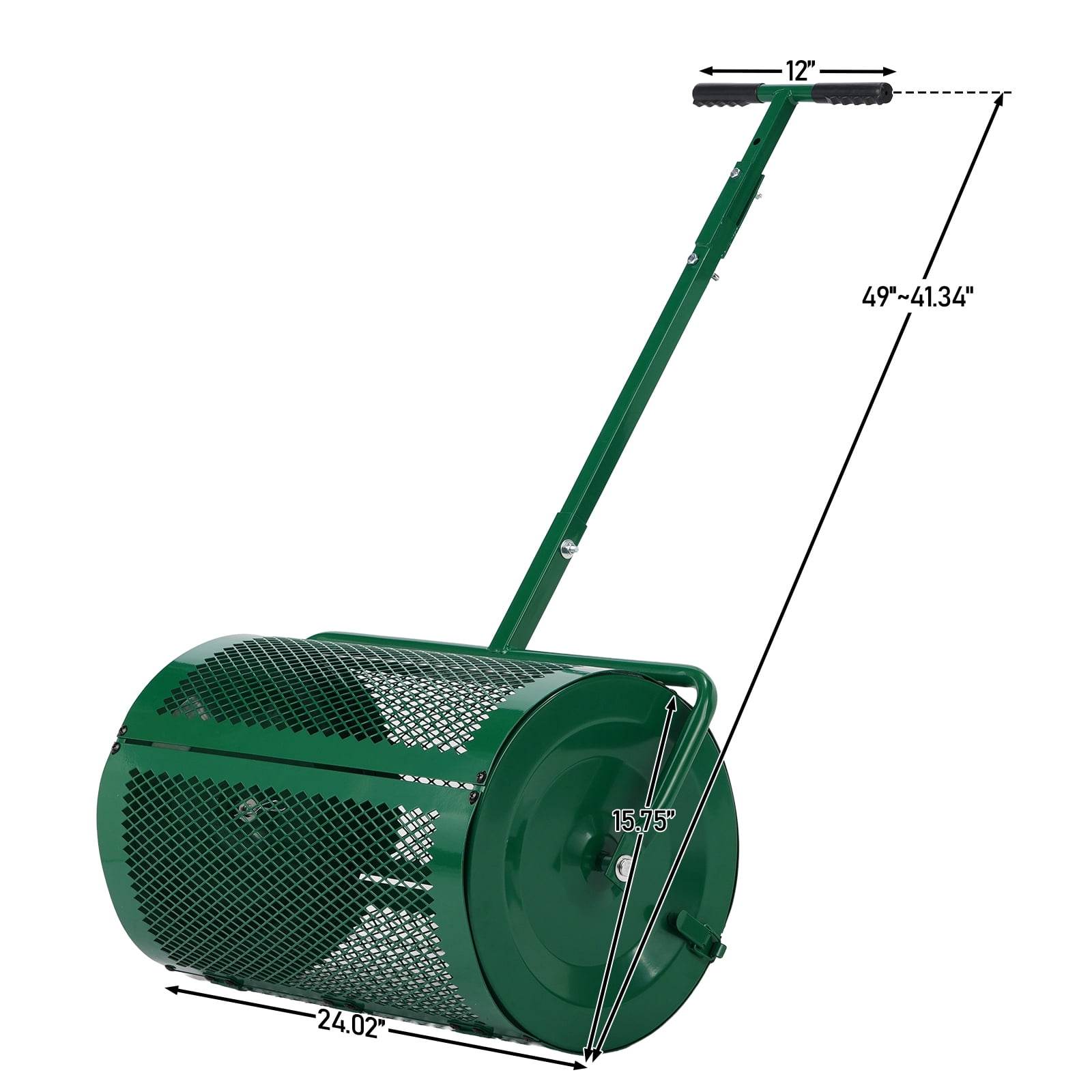 24In Adjustable Handle Compost Peat Moss Spreader Lawn Garden Topdressing Roller Powder Coated Steel Mesh Basket Side Latches Green Rustproof for Manure Topsoil Heavy Duty Outdoor Use Farm Backyard