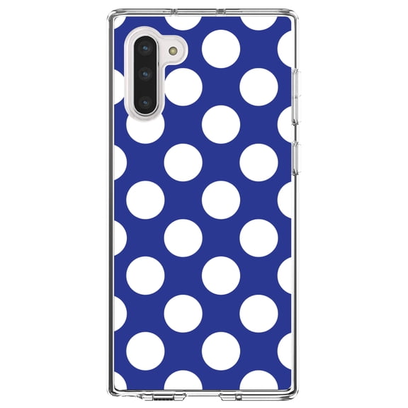 DistinctInk Clear Shockproof Hybrid Case for Samsung Galaxy Note 10 (6.3" Screen) - TPU Bumper, Acrylic Back, Tempered Glass Screen Protector - White & Dark Blue Polka Dots