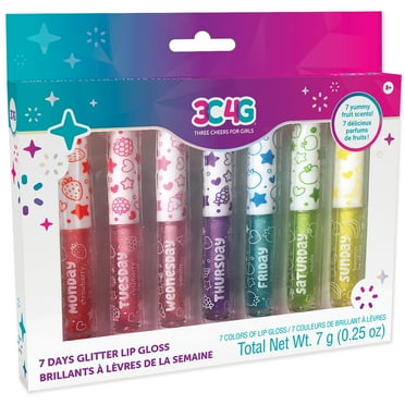 Three Cheers For Girls: 7 Days Fruit Flavored Glitter Lip Gloss Set - 7 Piece, A Color & Tasty Flavor For Every Day (Strawberry, Raspberry, Vanilla, Grape, Blueberry, Apple, Banana), Ages 8 