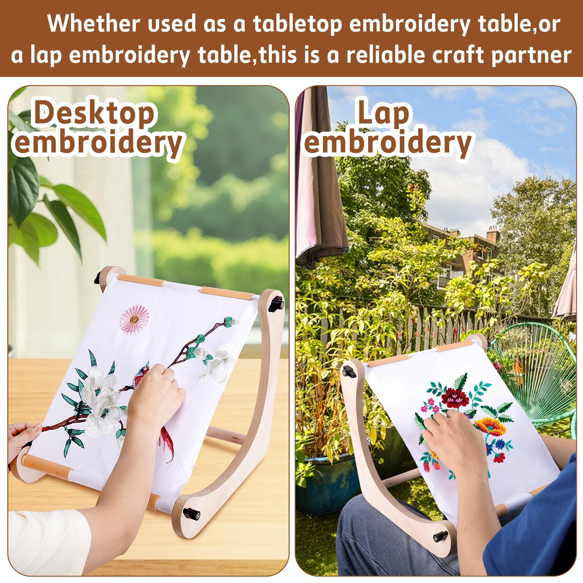 Wood Embroidery Stand, Hands-Free Cross Stitch Scroll Frame Needlepoint Stand for Lap or Table Top Stitching Sewing Supplies Craft Tool