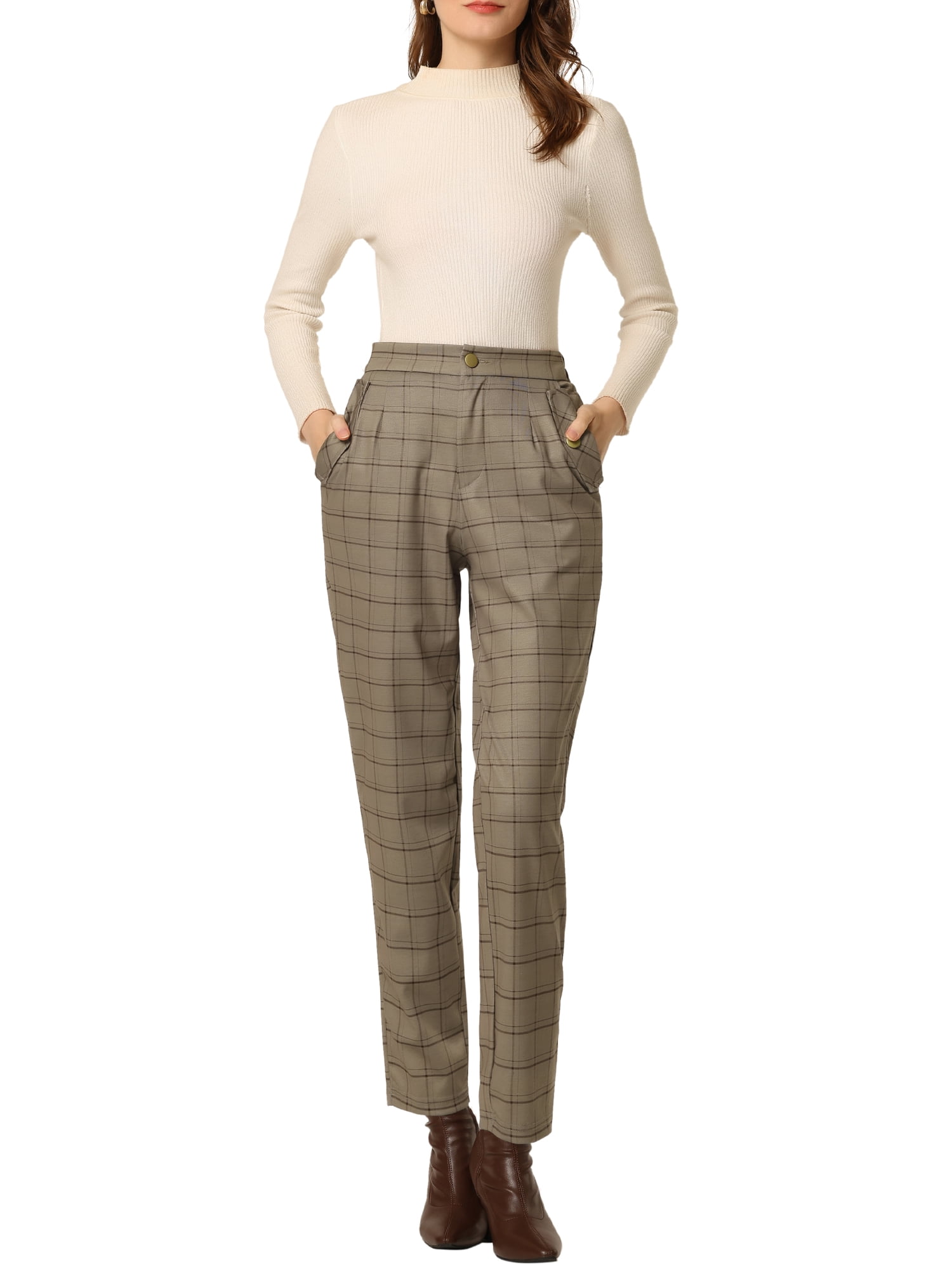 DARING DIVA Women's Tartan Plaid Pants Elastic Waist Straight Trousers XS Camel