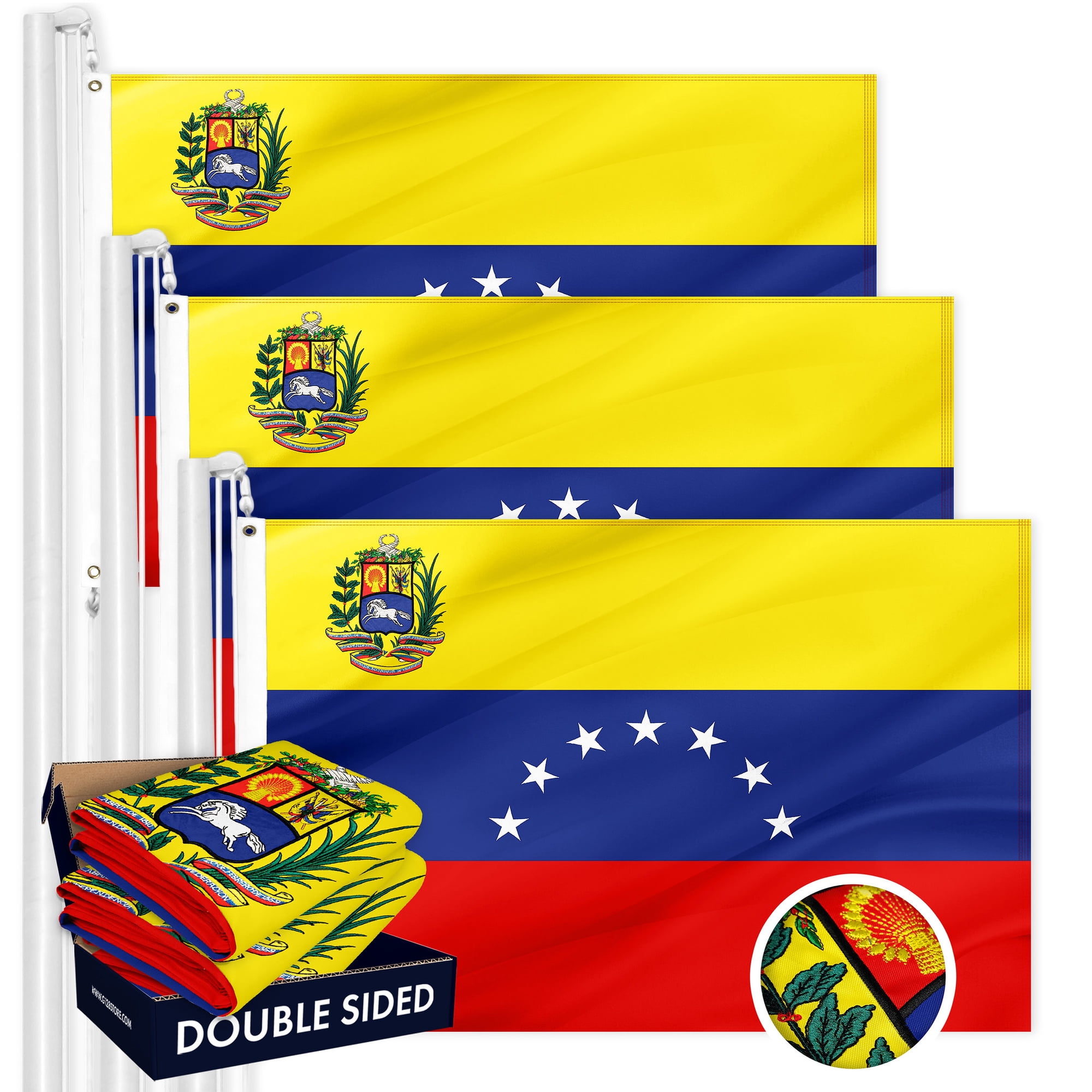 G128 3 Pack: Venezuela 7 Stars Venezuelan Flag | 4x6 Ft | Double ToughWeave Series Double Sided Embroidered 210D Polyester | Country Flag, Embroidered Design, Brass Grommets, Heavy Duty, 2-ply