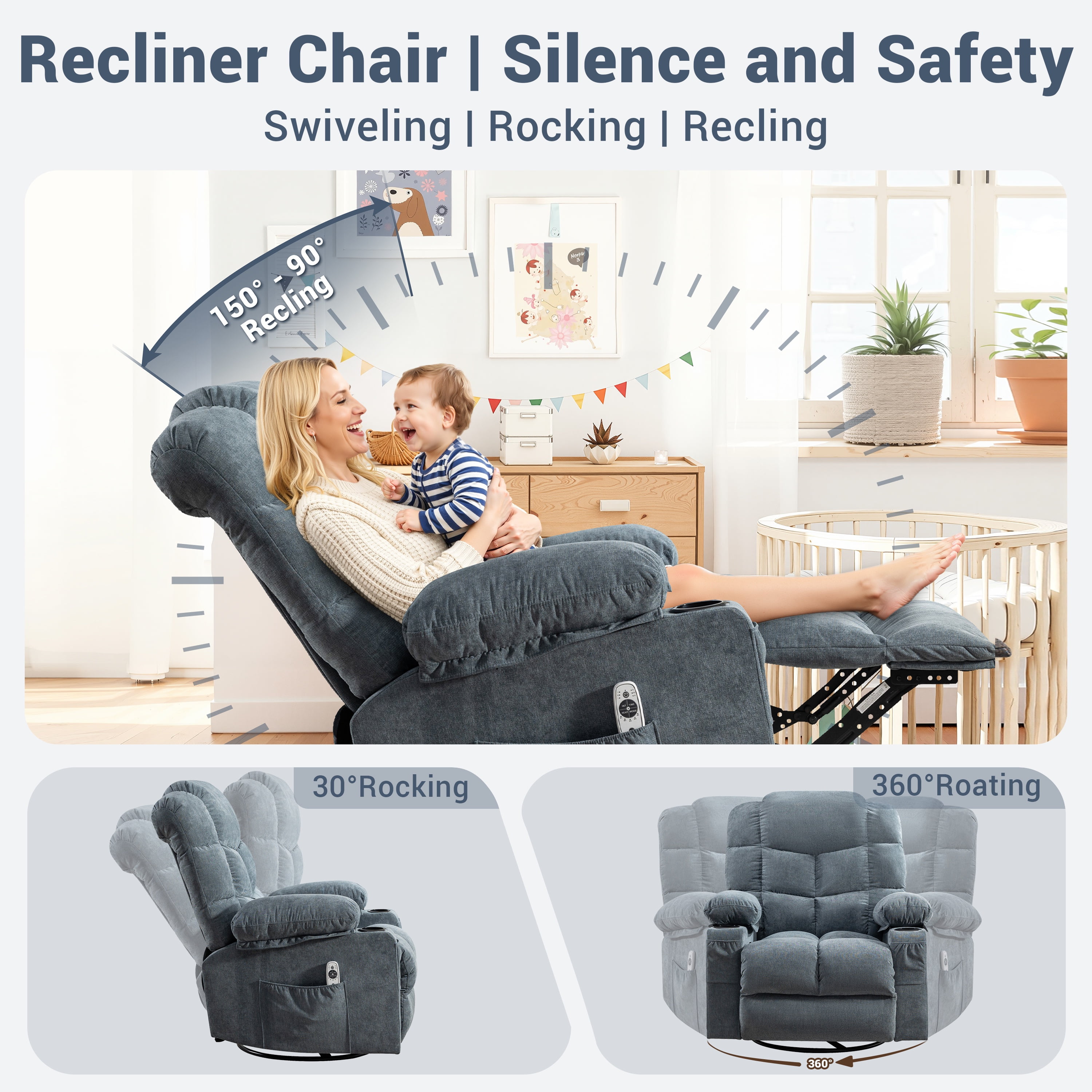 Swivel Rocker Chair, LEGAHOME Manual Glider Rocking Chair for Nursery with Massage and Heat, 22.8in Glider Massage Recliner Chairs for Adults, with Cup Holder and Side Pocket, Blue