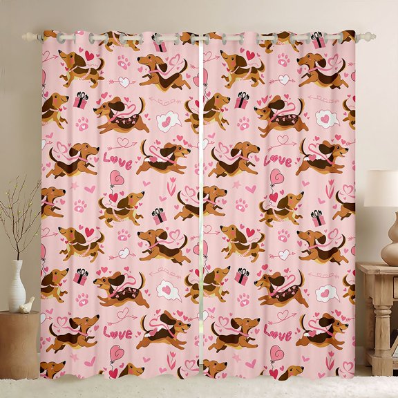 Castle Fairy Children Teenagers Adults Cartoon Dachshund Black Out Curtains,Pink Love Heart Print Curtains Pack of 2 (42x63 Each),Cute Animal Dog Pet Bedroom Curtains,Super Cozy Room Decor