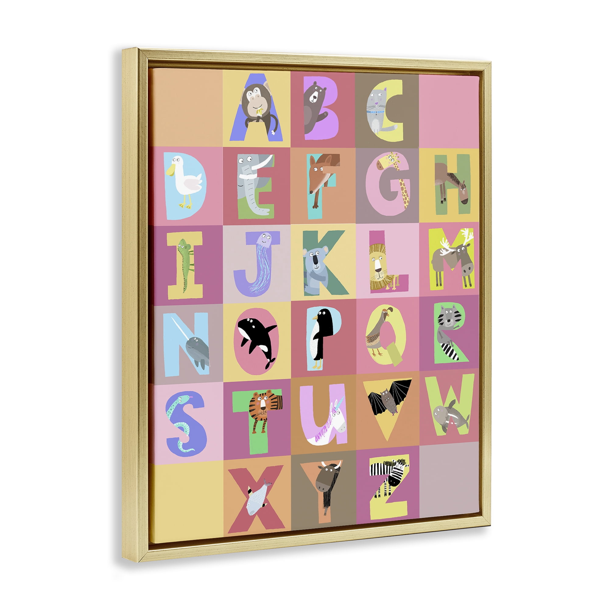 Stupell Industries Animal Alphabet in Pink Gold Framed Floater Canvas Wall Art, design by Carla Daly
