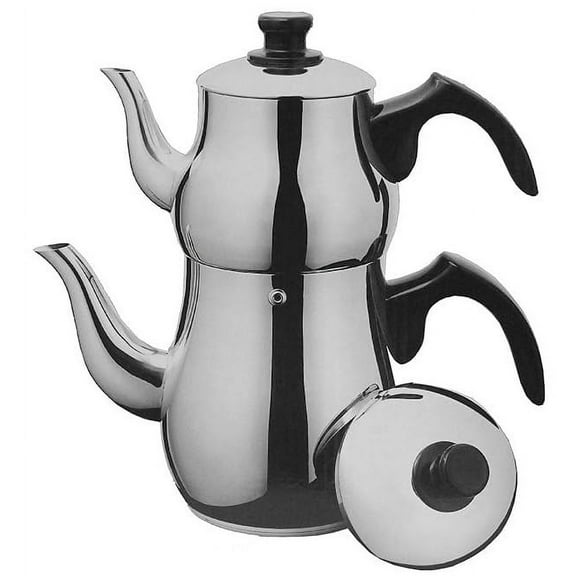 Traditional Long Persian Middle Eastern Arabic Turkish Induction Double Tea Kettle Thick Heavy Stainless Steel Glass Top Teapot 2-Pc Set 2.5-Liter   1 Liter Pot Samovar Chai