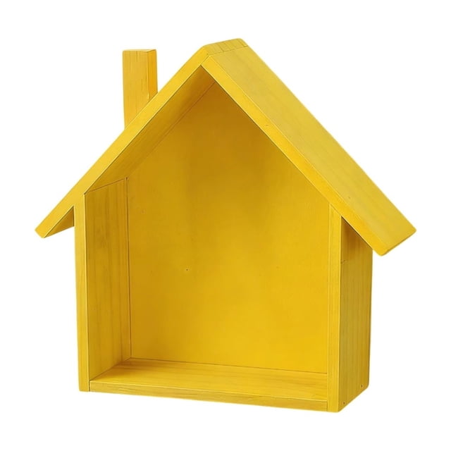 Yellow Cute Little House Wall Shelf Solid Wood Decorative Shelving Unit Storage Display Stand For Home Decor And Childrens Room