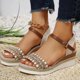 thumbnail image 2 of Bmisegm Ladies Weave Open Toe Buckle Strap Summer Slope Heel Thick Soled Wedges Roman Sandals Sandals Women Summer Beige 6.5, 2 of 8