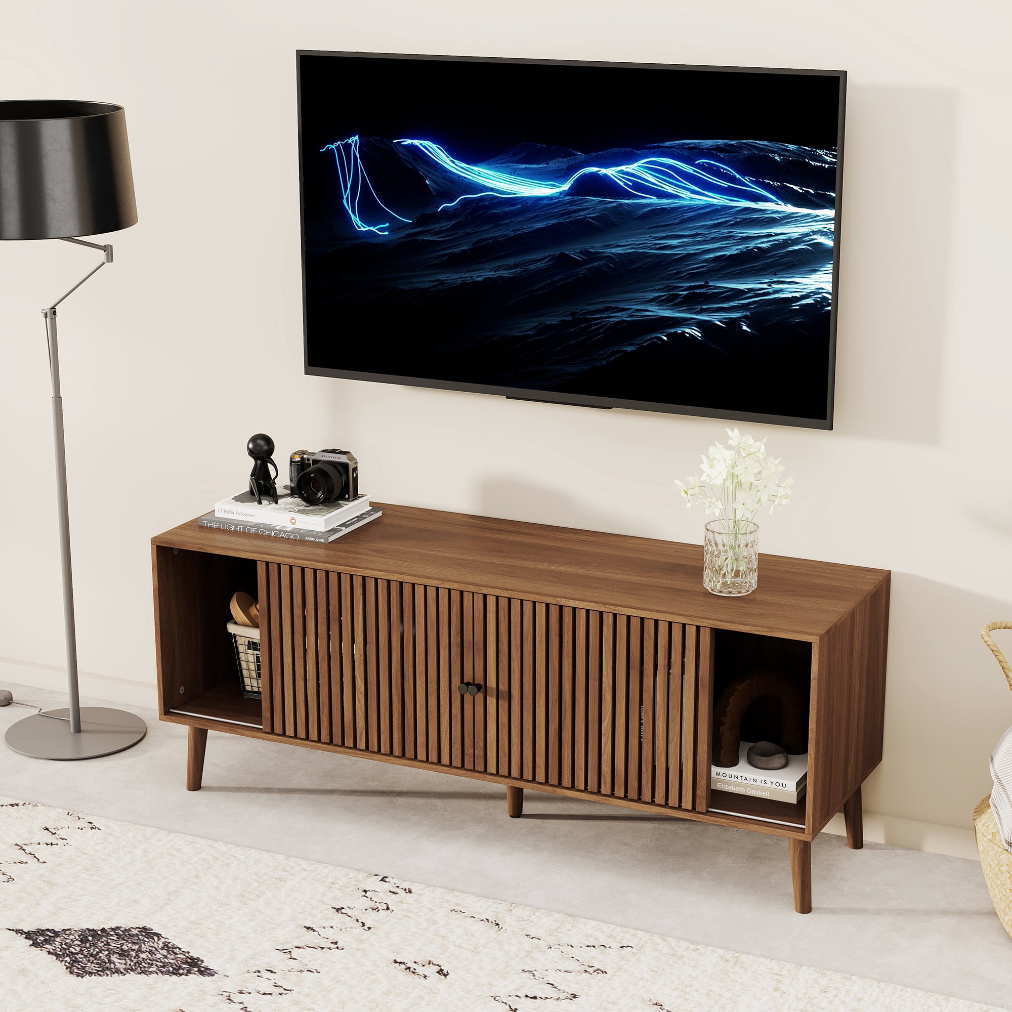 Oubayajia Mid-Century Modern 51" TV Stand for TVs up to 60”, Wood TV Console with Waveform Sliding Doors and Storage, Entertainment Center for Living Room Bedroom, Walnut