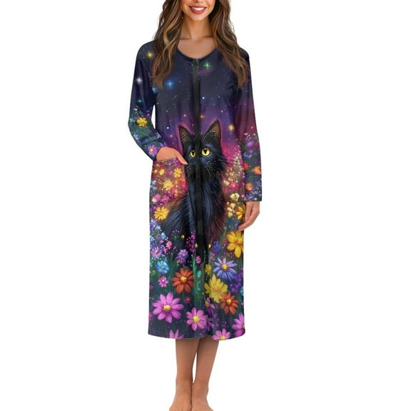 FKELYI Colorful Daisy Black Cat Print Women Zip Up Robe Nightgowns Comfy House Coats Full Length Breathable Sleepwear House Dress Long Sleeve Bathrobe with 2 Pockets, 3XL