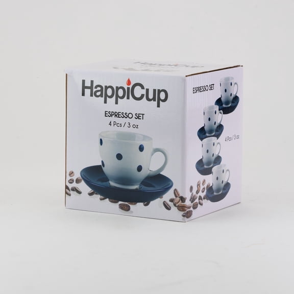 HappiCup Espresso Demitasse Set, 4 Cups & Saucers, 3 oz, Polka Dot Design, Porcelain Coffee Set