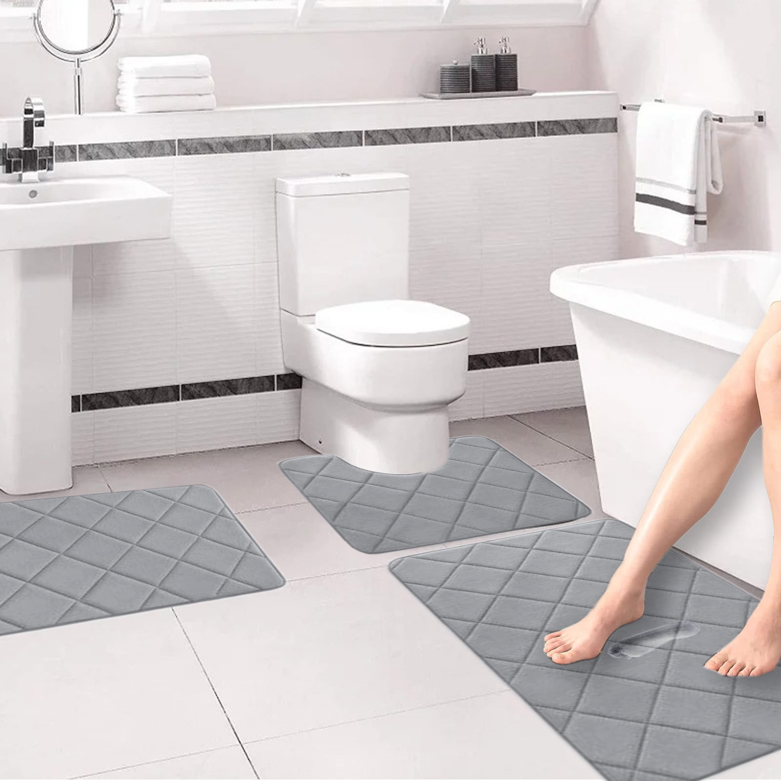 3 Pieces Luxury Bathroom Rug Set With U-Shaped Toilet Rug, Non-Slip Rubber Bottom, Thick Microfiber Fluffy Plush, Water Absorption, Machine Washable,Quick Dry, Ultra Soft, Bath Mats For Bathroom, Tub