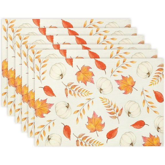 Fall Placemats Set of 6, Thanksgiving White Pumpkins Maple Leaves Place Mats 12x18 Inch Autumn Harvest Farmhouse Table Mats for Home Holiday Party Dining Table Decor